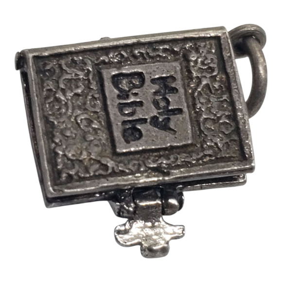 Holy Bible Book Charm Pendant Silver Tone Hinged Locket IHS Christian Religious - Picture 2 of 5